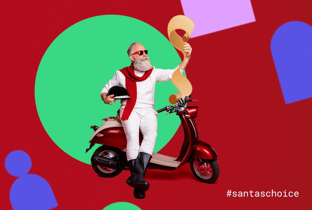 Santa's List Day Tillo. Santa with a red moped and his list against a red background.