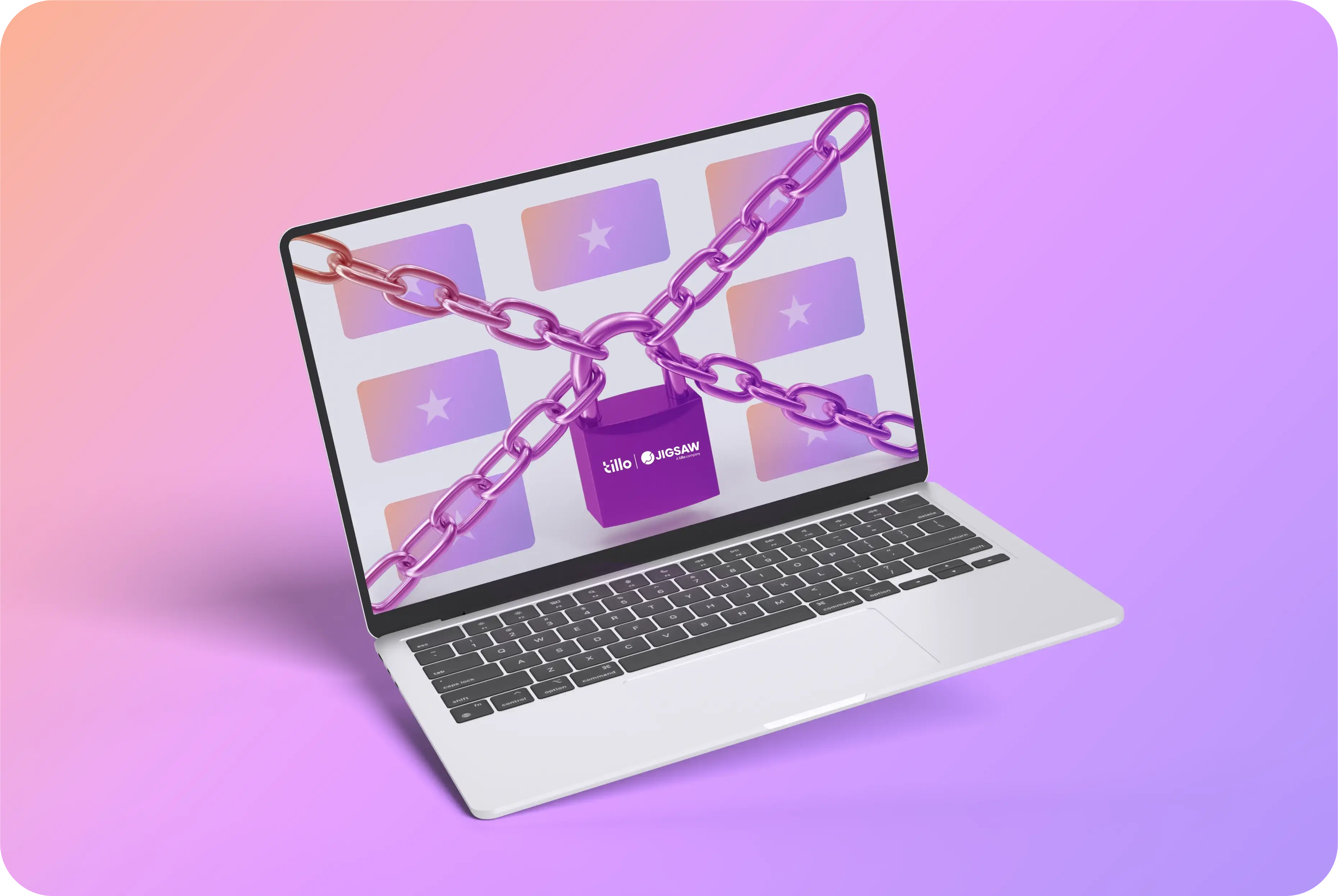 A laptop with a chain and padlock across the screen, on a purple and pink background